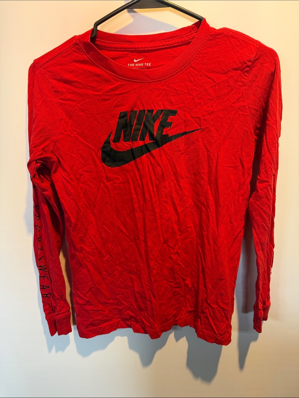 Nike Red Long-Sleeve Shirt with Black Swoosh Size: L